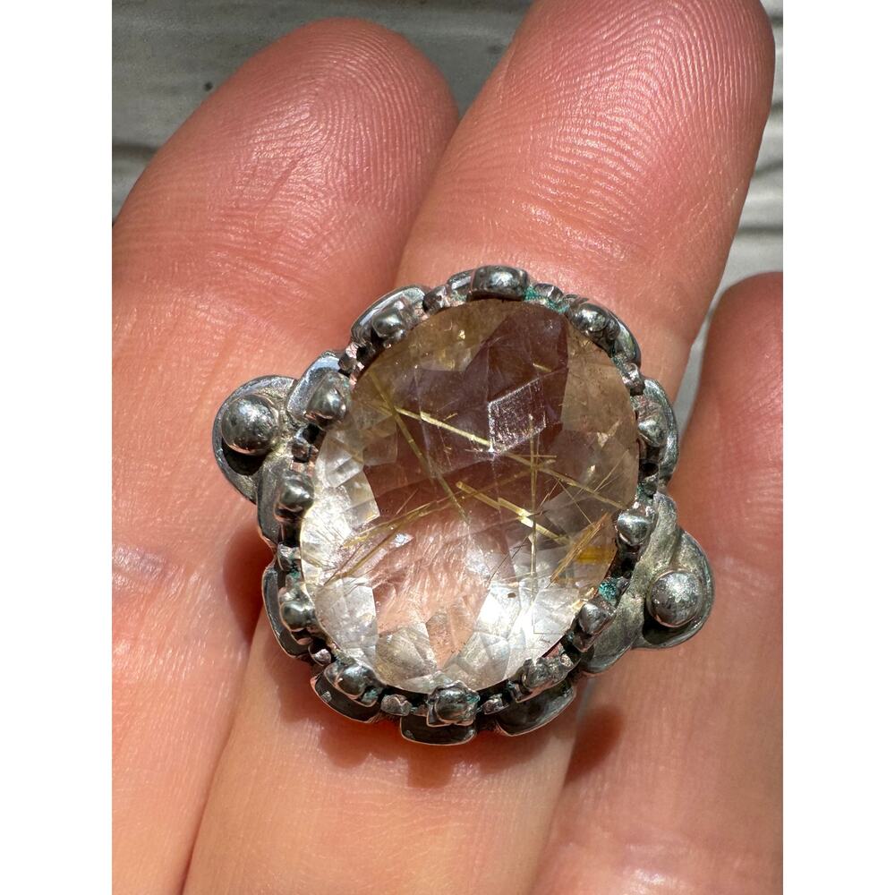 Golden Rutile Faceted Quartz Crystal Hand Stamped Sterling 925 Silver US Sz 7.75